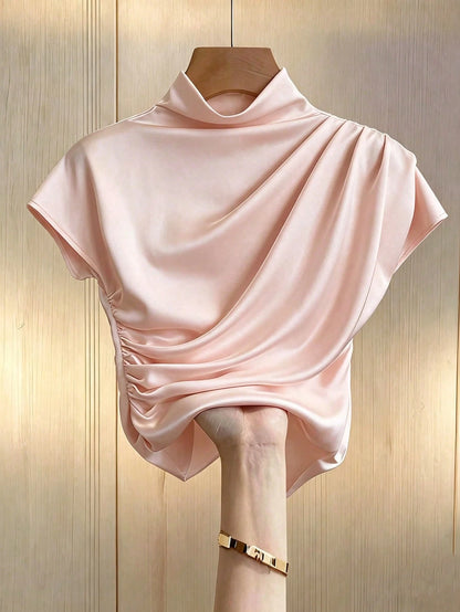 Franclia Casual Versatile Solid Color Pleated Fitted Short Sleeve White T-Shirt For Women