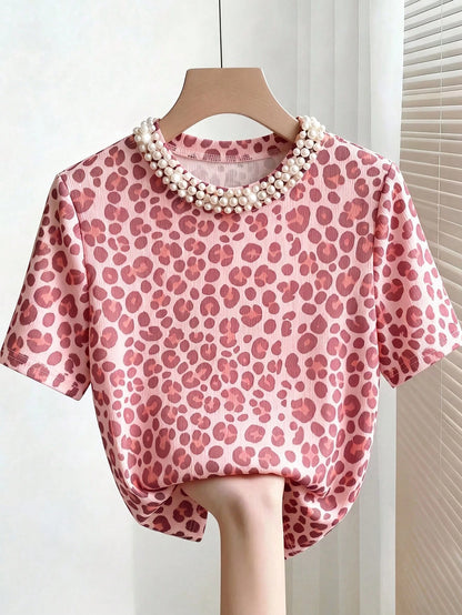 Franclia Elegant Fitted Round Neck Beaded Ribbed Short Sleeve T-Shirt For Women Date Pink Leopard Print Summer