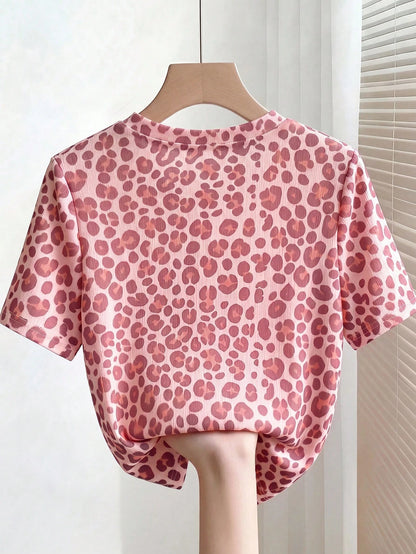 Franclia Elegant Fitted Round Neck Beaded Ribbed Short Sleeve T-Shirt For Women Date Pink Leopard Print Summer