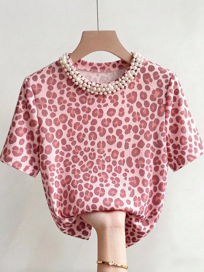 Franclia Elegant Fitted Round Neck Beaded Ribbed Short Sleeve T-Shirt For Women Date Pink Leopard Print Summer