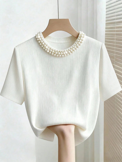 Franclia Elegant Fitted Round Neck Beaded Ribbed Short Sleeve T-Shirt For Women Date Pink Leopard Print Summer