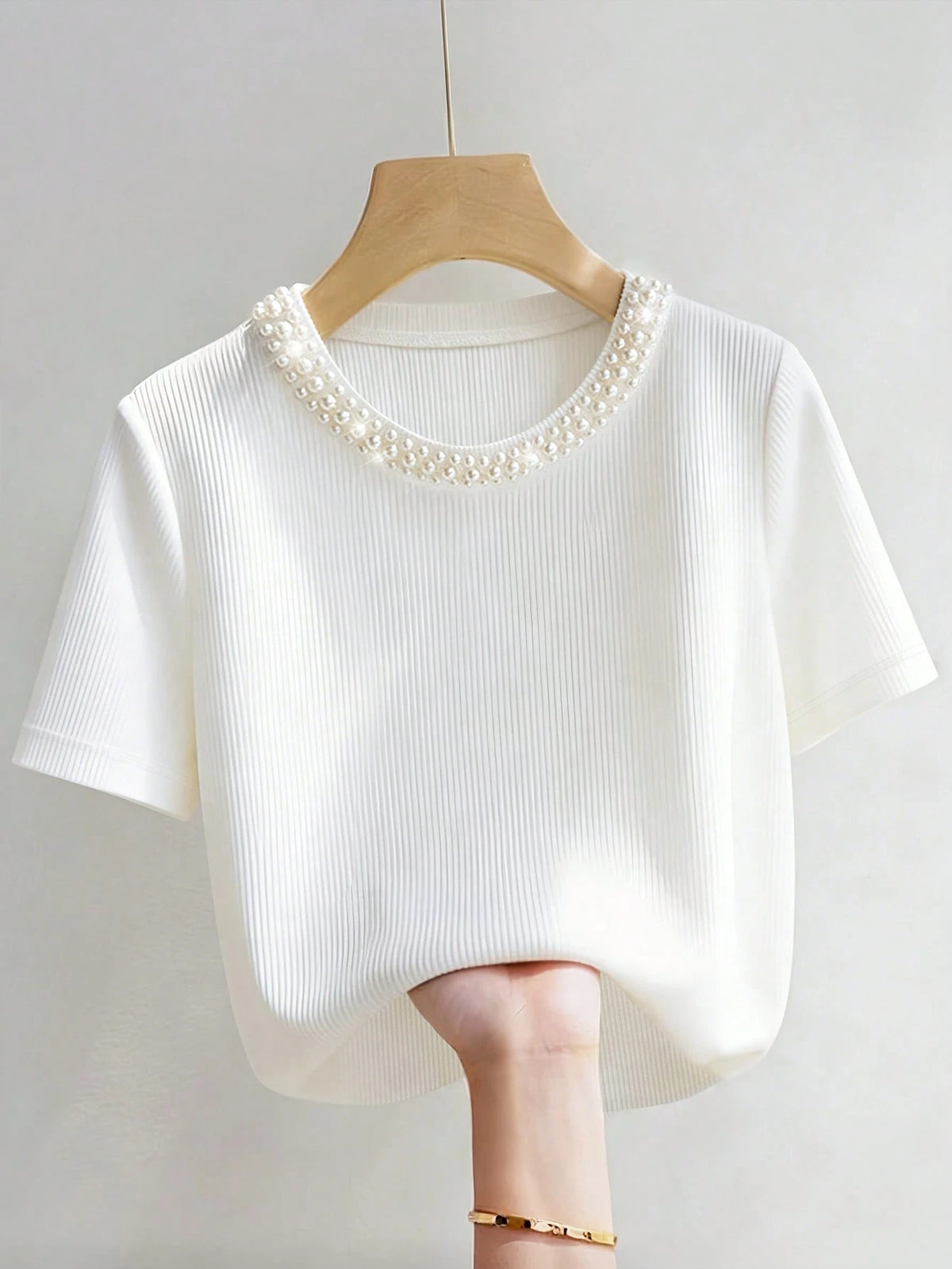 Franclia Elegant Fitted Round Neck Beaded Ribbed Short Sleeve T-Shirt For Women Date Pink Leopard Print Summer