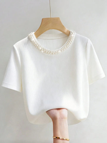 Franclia Elegant Fitted Round Neck Beaded Ribbed Short Sleeve T-Shirt For Women Date Pink Leopard Print Summer