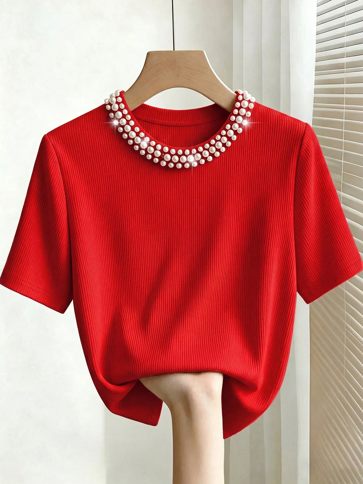 Franclia Elegant Fitted Round Neck Beaded Ribbed Short Sleeve T-Shirt For Women Date Pink Leopard Print Summer