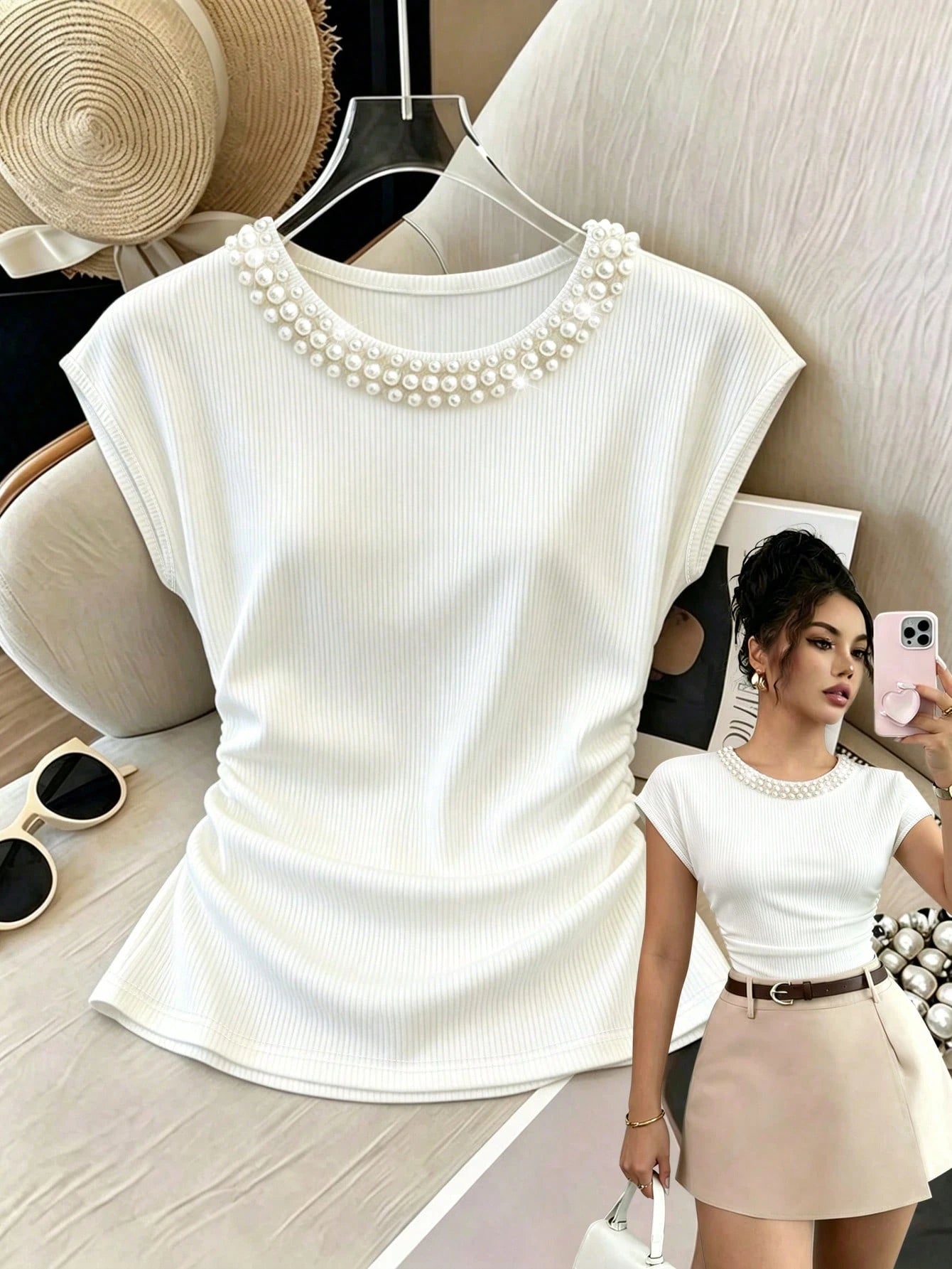 Franclia Elegant Fitted Round Neck Pearl Pleated Waist White Casual Ribbed Short Sleeve T-Shirt For Women