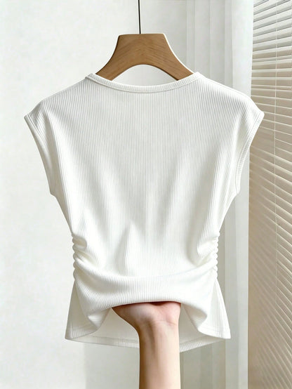 Franclia Elegant Fitted Round Neck Pearl Pleated Waist White Casual Ribbed Short Sleeve T-Shirt For Women