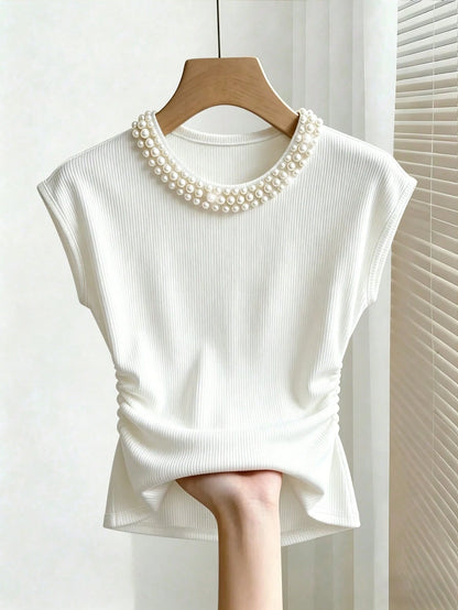 Franclia Elegant Fitted Round Neck Pearl Pleated Waist White Casual Ribbed Short Sleeve T-Shirt For Women