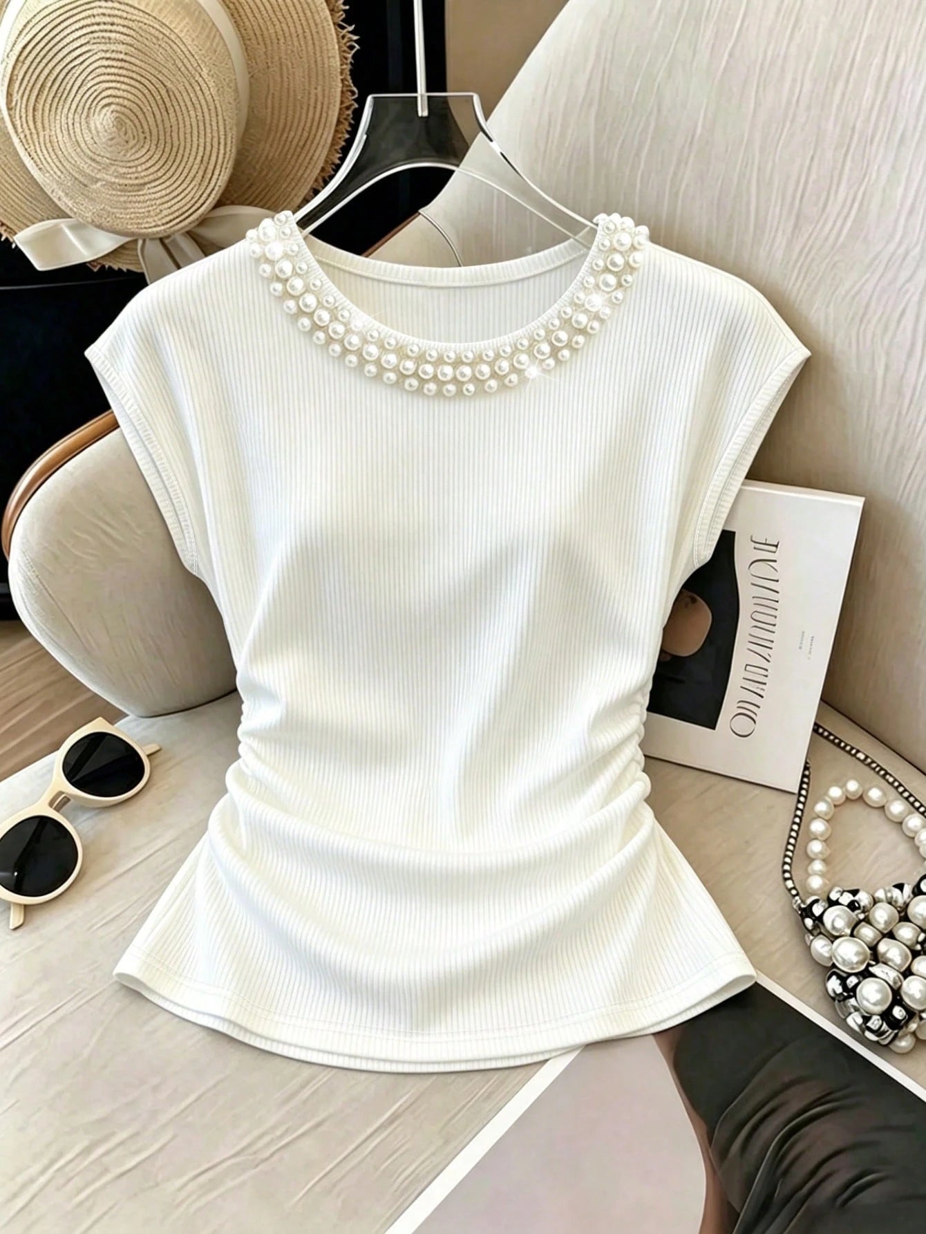 Franclia Elegant Fitted Round Neck Pearl Pleated Waist White Casual Ribbed Short Sleeve T-Shirt For Women