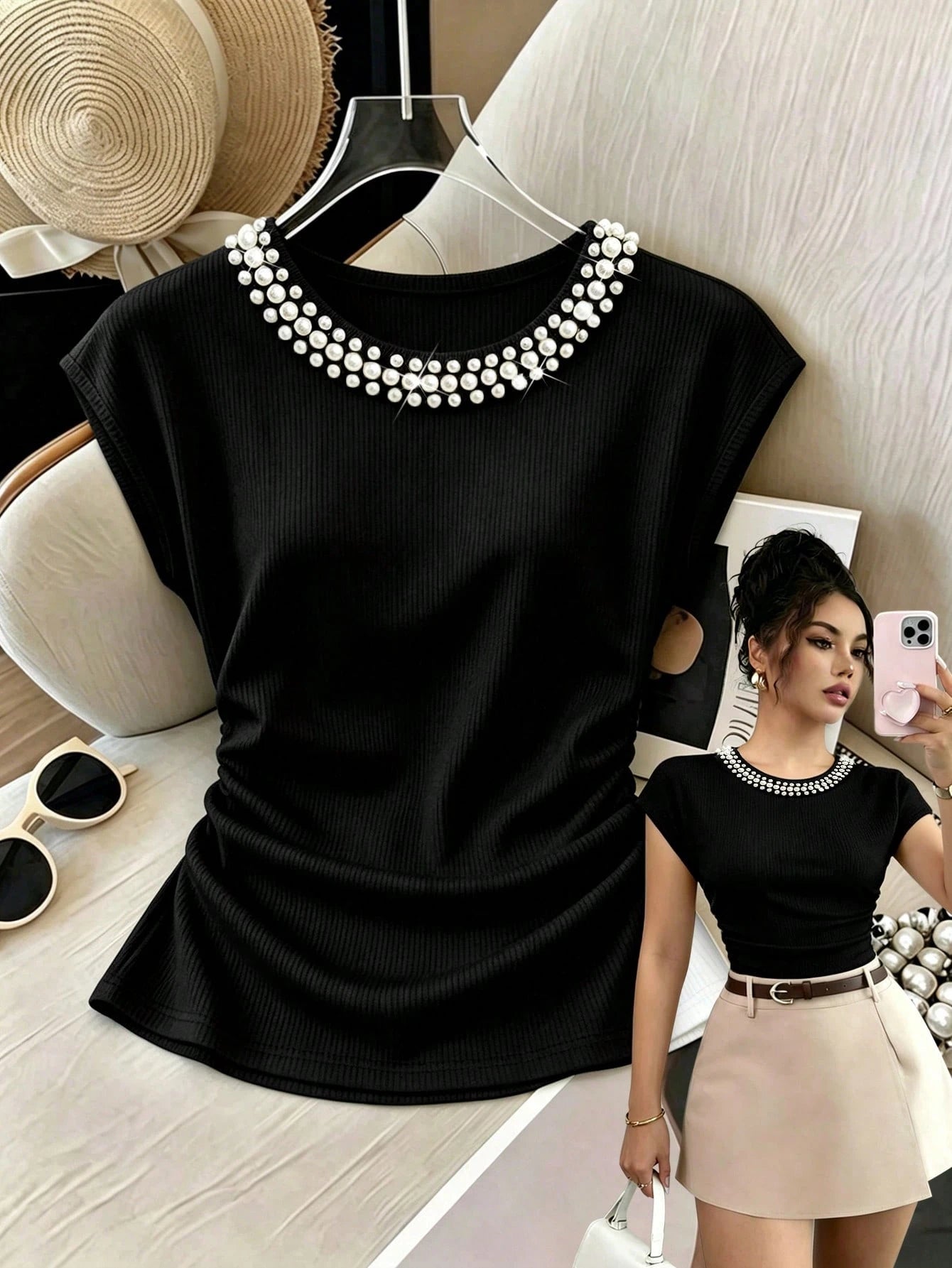 Franclia Elegant Fitted Round Neck Pearl Pleated Waist White Casual Ribbed Short Sleeve T-Shirt For Women