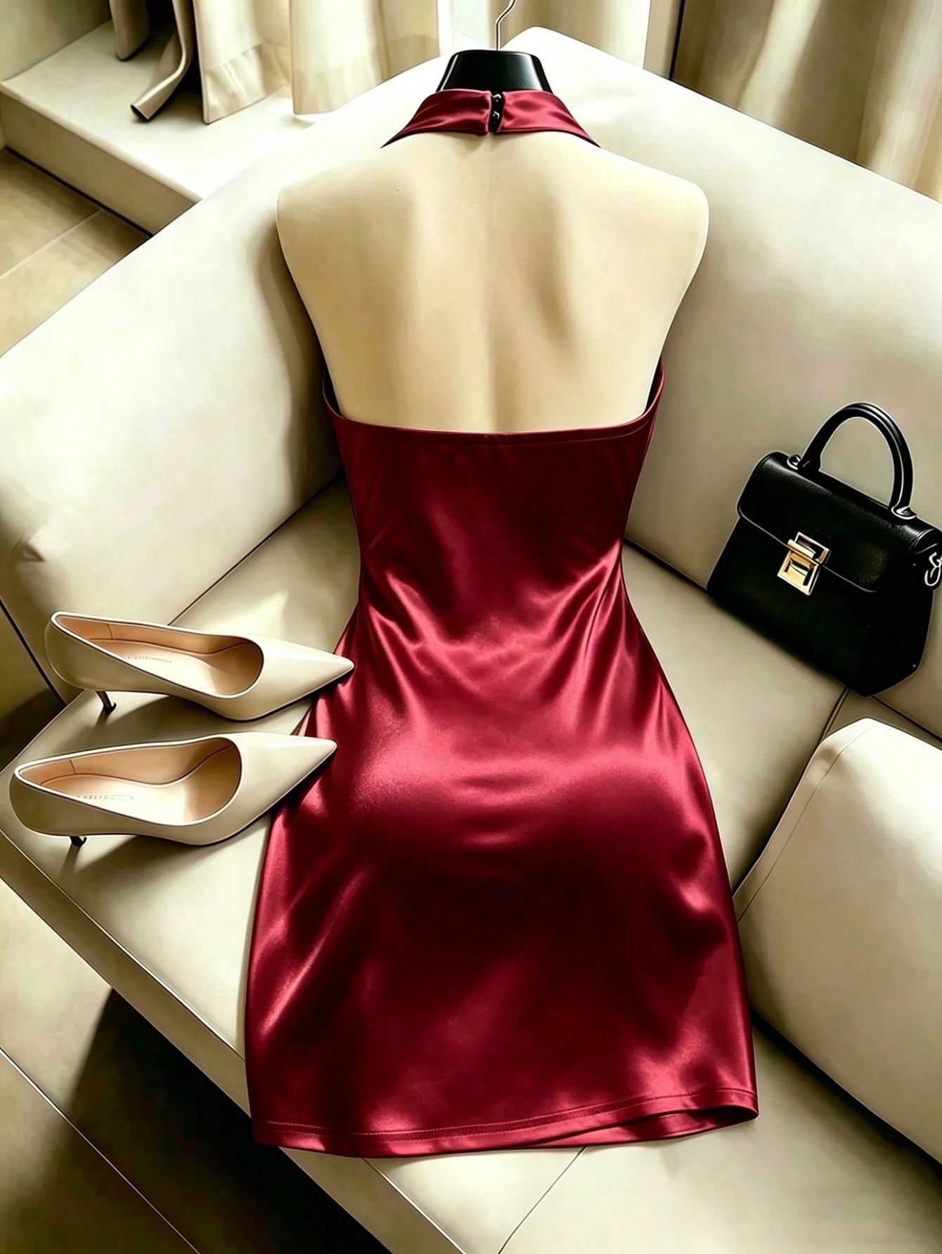 Franclia Elegant New Fashion Brown Draped Neck Dress, With Draped Neckline, Waist Pleats For Slim Fit, Sexy, Elegant, Fashionable, Brown Bodycon Mini Dress