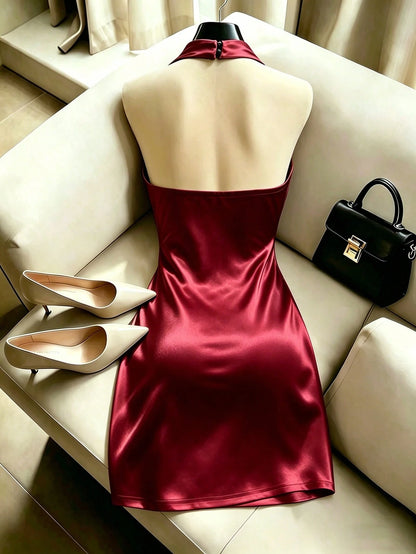 Franclia Elegant New Fashion Brown Draped Neck Dress, With Draped Neckline, Waist Pleats For Slim Fit, Sexy, Elegant, Fashionable, Brown Bodycon Mini Dress