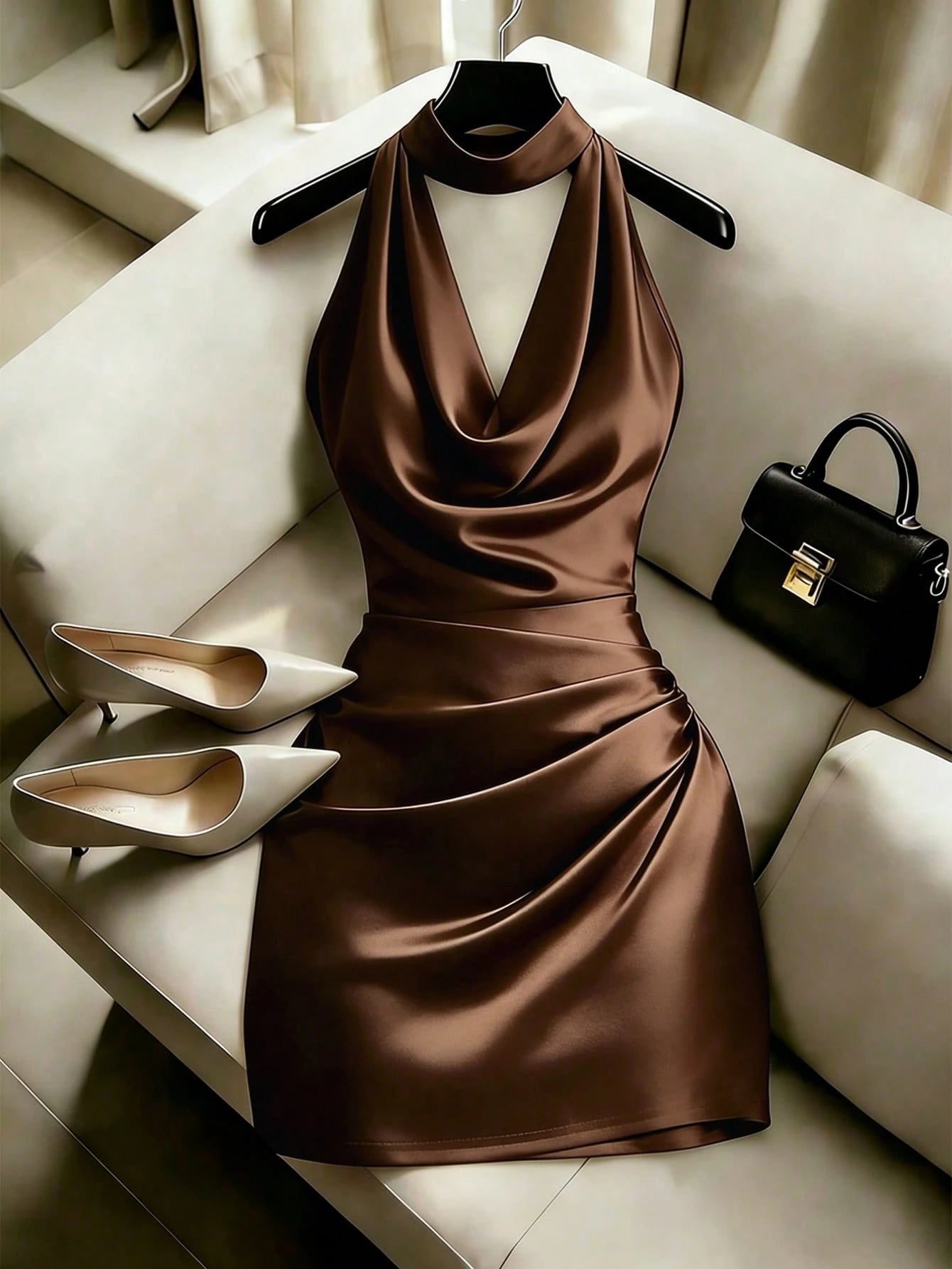 Franclia Elegant New Fashion Brown Draped Neck Dress, With Draped Neckline, Waist Pleats For Slim Fit, Sexy, Elegant, Fashionable, Brown Bodycon Mini Dress