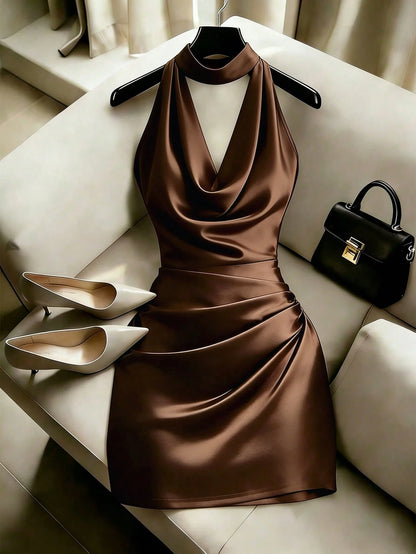 Franclia Elegant New Fashion Brown Draped Neck Dress, With Draped Neckline, Waist Pleats For Slim Fit, Sexy, Elegant, Fashionable, Brown Bodycon Mini Dress
