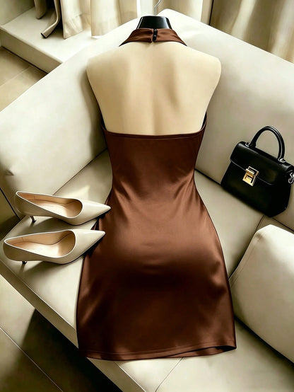 Franclia Elegant New Fashion Brown Draped Neck Dress, With Draped Neckline, Waist Pleats For Slim Fit, Sexy, Elegant, Fashionable, Brown Bodycon Mini Dress