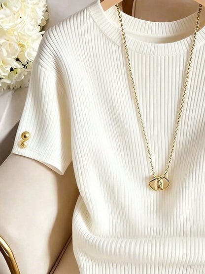 Franclia Elegant Round Neck Knit T-Shirt, Minimalist Fashion Knit T-Shirt, New Arrival For Summer