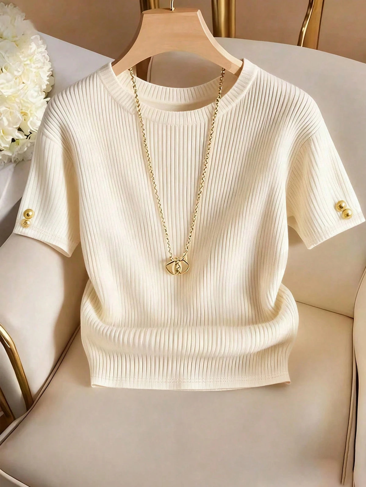 Franclia Elegant Round Neck Knit T-Shirt, Minimalist Fashion Knit T-Shirt, New Arrival For Summer
