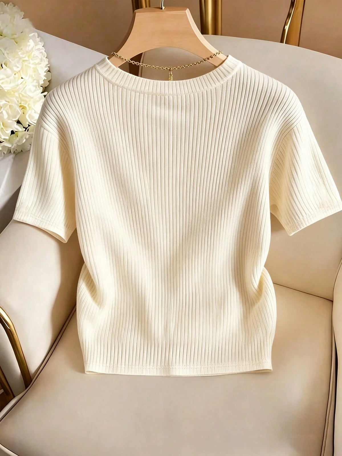 Franclia Elegant Round Neck Knit T-Shirt, Minimalist Fashion Knit T-Shirt, New Arrival For Summer