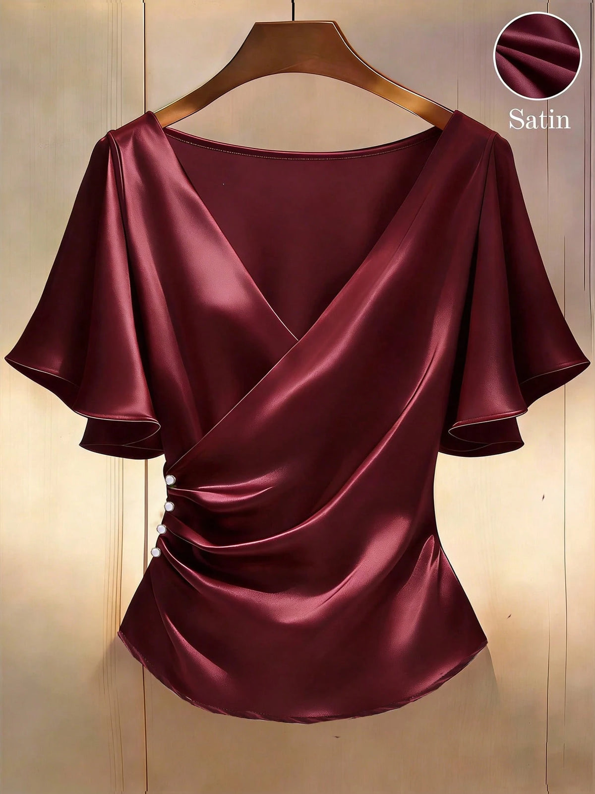 Franclia Elegant Satin Blouse, Short Sleeve Blouse, V-Neck Blouse, Everyday Blouse