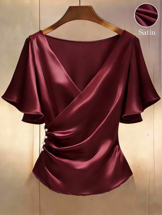 Franclia Elegant Satin Blouse, Short Sleeve Blouse, V-Neck Blouse, Everyday Blouse