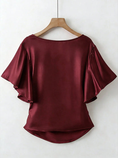 Franclia Elegant Satin Blouse, Short Sleeve Blouse, V-Neck Blouse, Everyday Blouse