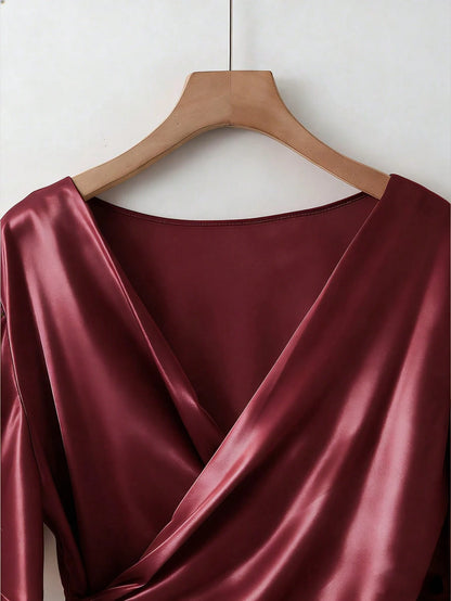 Franclia Elegant Satin Blouse, Short Sleeve Blouse, V-Neck Blouse, Everyday Blouse