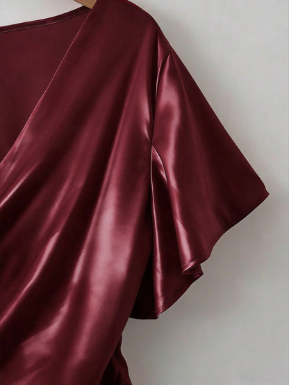 Franclia Elegant Satin Blouse, Short Sleeve Blouse, V-Neck Blouse, Everyday Blouse