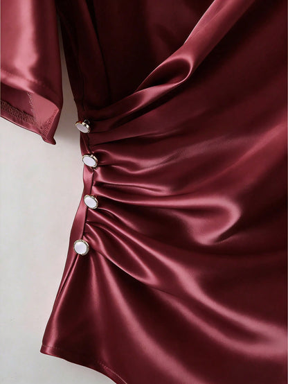 Franclia Elegant Satin Blouse, Short Sleeve Blouse, V-Neck Blouse, Everyday Blouse