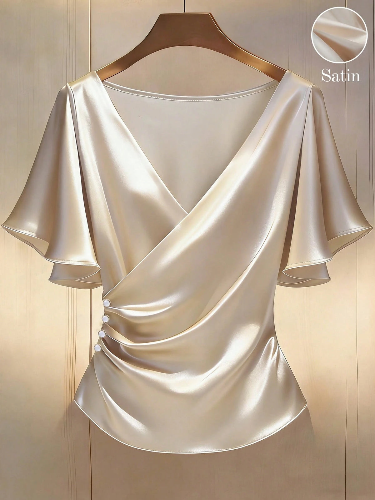 Franclia Elegant Satin Blouse, Short Sleeve Blouse, V-Neck Blouse, Everyday Blouse