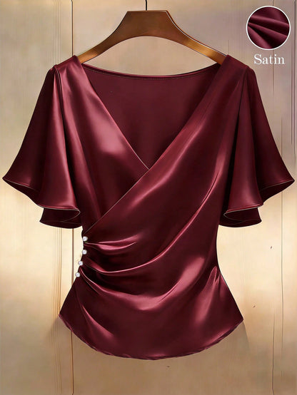 Franclia Elegant Satin Blouse, Short Sleeve Blouse, V-Neck Blouse, Everyday Blouse