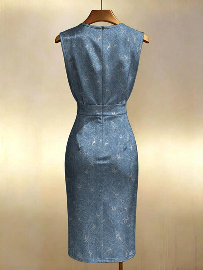 Franclia Gold-Plated Satin Sleeveless Waist-Cinching Slit Midi Dress