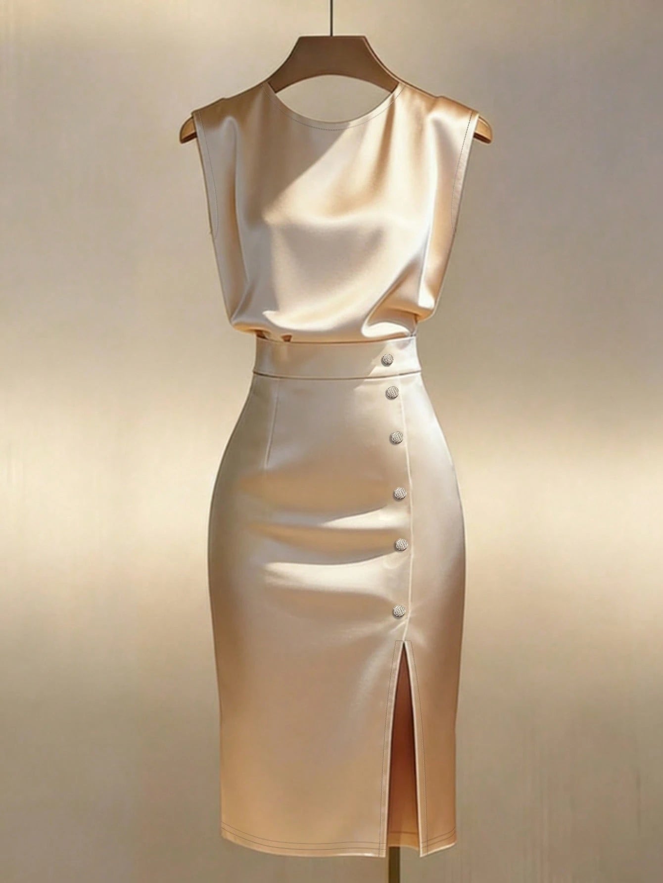 Franclia Gold-Plated Satin Sleeveless Waist-Cinching Slit Midi Dress
