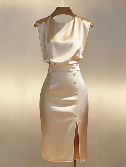 Franclia Gold-Plated Satin Sleeveless Waist-Cinching Slit Midi Dress
