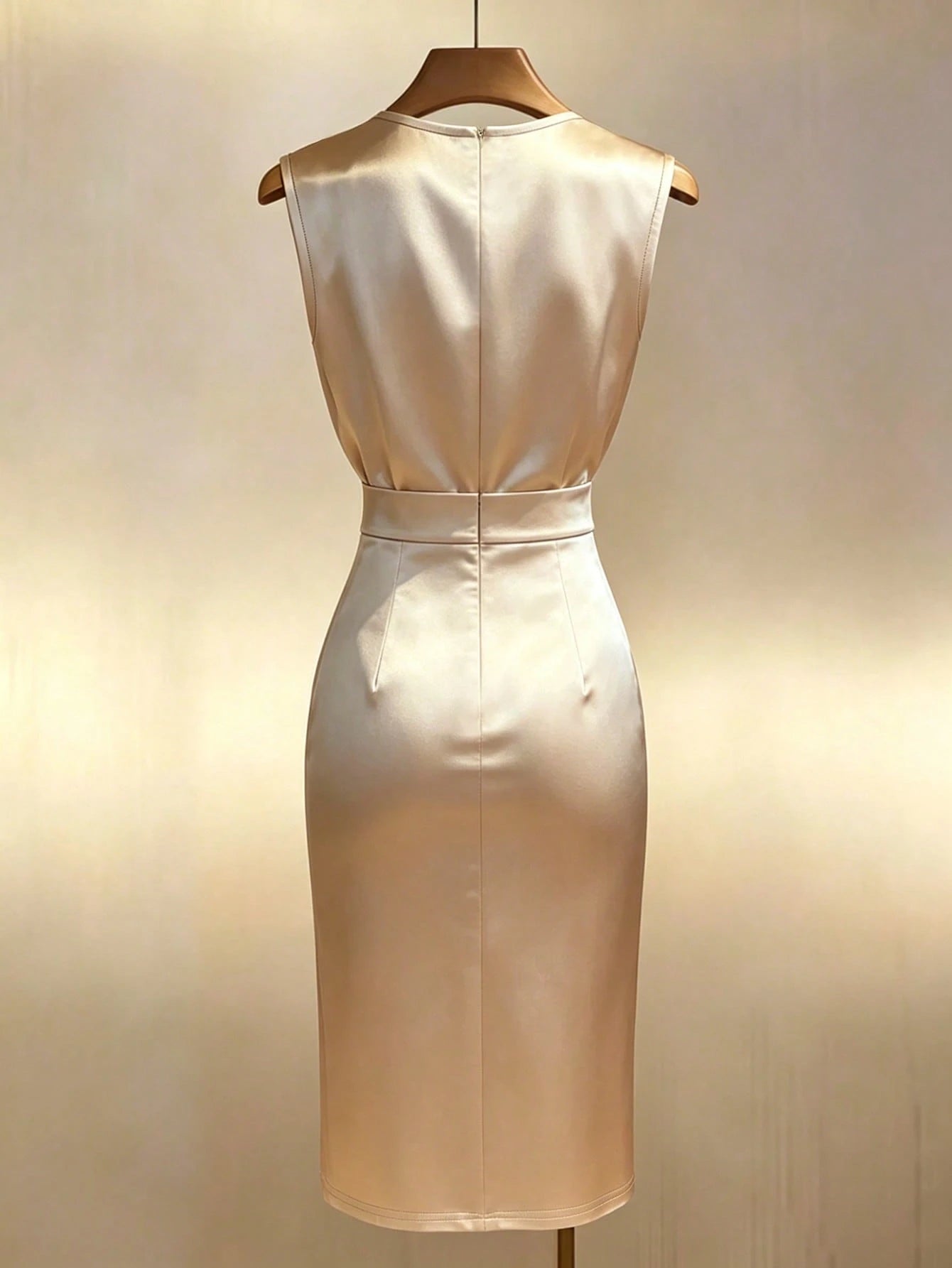 Franclia Gold-Plated Satin Sleeveless Waist-Cinching Slit Midi Dress