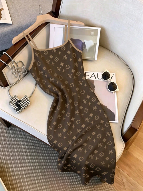 Franclia Hot-Selling Recommended, Commuter Elegant Style Vintage Floral Print Adjustable Shoulder Strap Midi Dress, Simple For Shopping And Dating