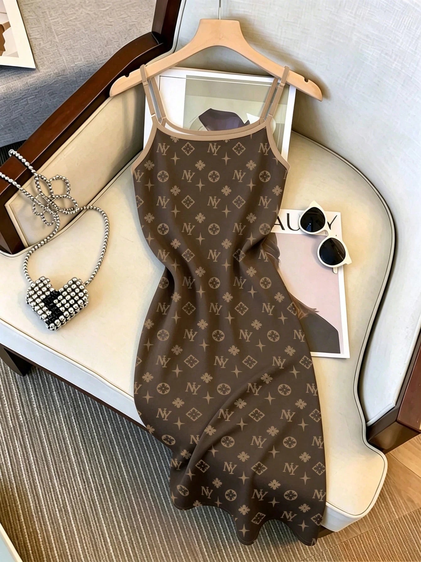 Franclia Hot-Selling Recommended, Commuter Elegant Style Vintage Floral Print Adjustable Shoulder Strap Midi Dress, Simple For Shopping And Dating