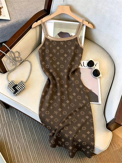 Franclia Hot-Selling Recommended, Commuter Elegant Style Vintage Floral Print Adjustable Shoulder Strap Midi Dress, Simple For Shopping And Dating