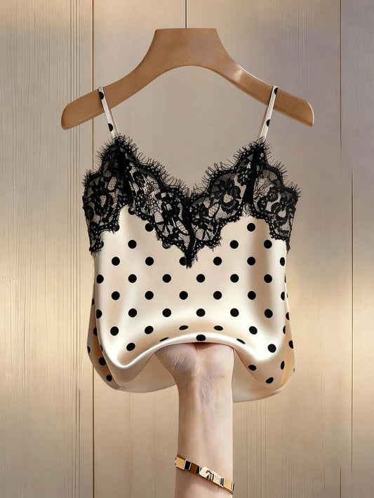 Franclia Sexy Fitted Lace Patchwork Satin Camisole Top, Summer Beach Vacation Casual Travel Chic Vest For Women