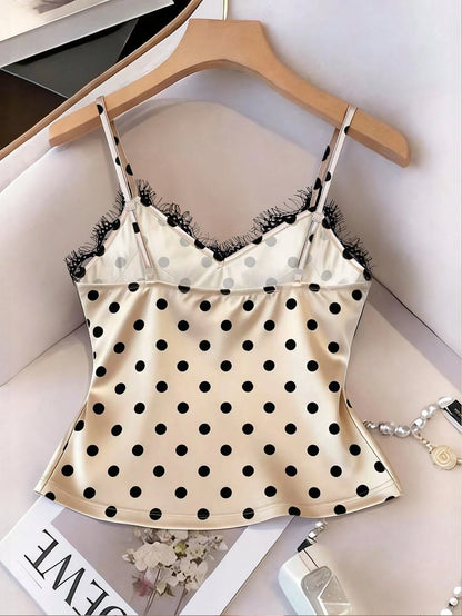 Franclia Sexy Fitted Lace Patchwork Satin Camisole Top, Summer Beach Vacation Casual Travel Chic Vest For Women