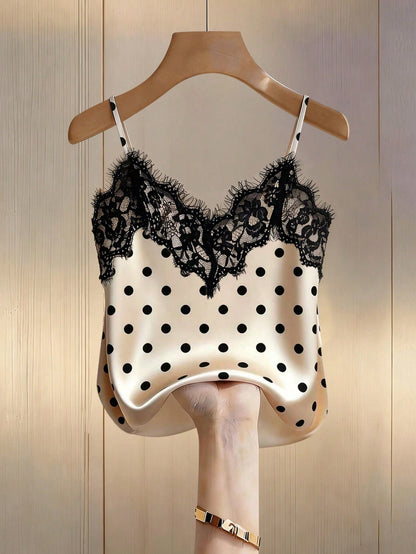 Franclia Sexy Fitted Lace Patchwork Satin Camisole Top, Summer Beach Vacation Casual Travel Chic Vest For Women