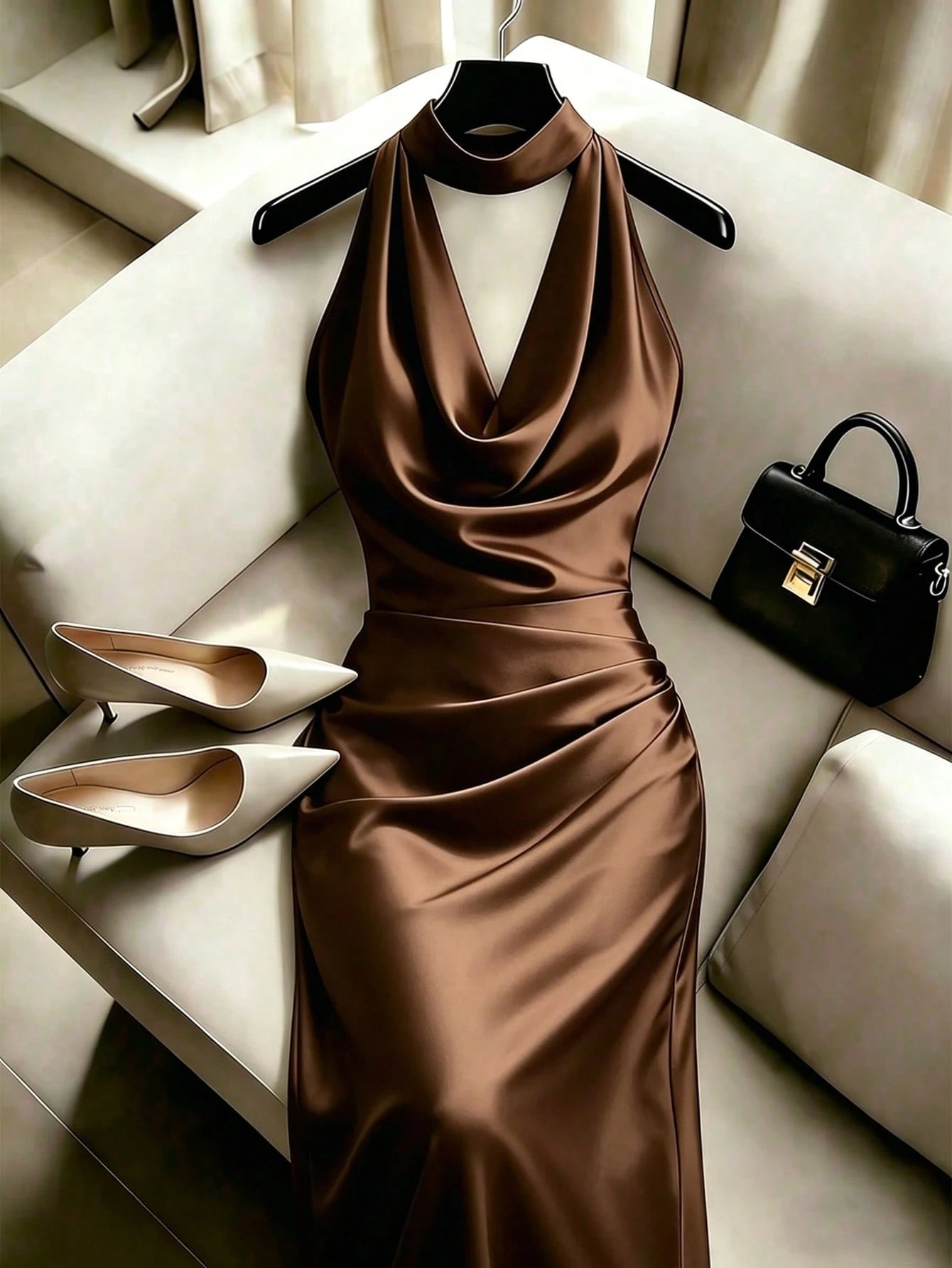 Franclia Summer Elegant Solid Color Halter Neck Waist-Cinched Mermaid Hem Dress