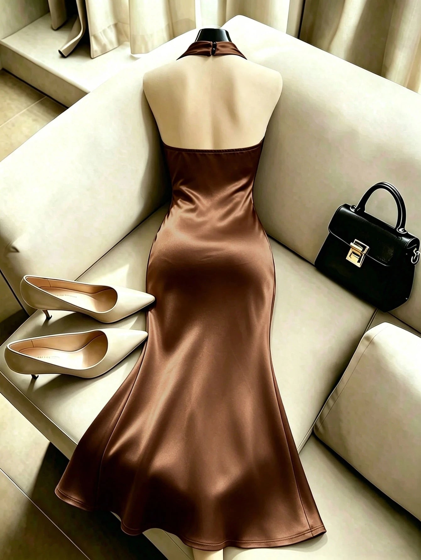 Franclia Summer Elegant Solid Color Halter Neck Waist-Cinched Mermaid Hem Dress