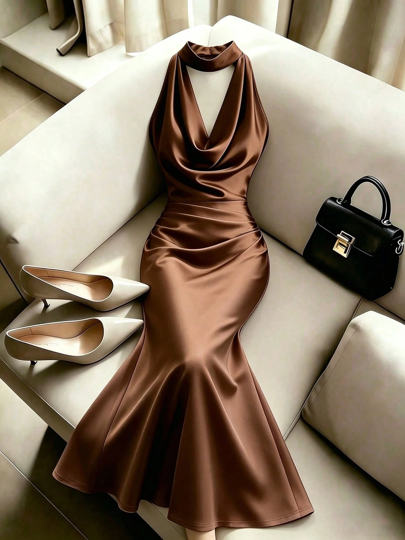 Franclia Summer Elegant Solid Color Halter Neck Waist-Cinched Mermaid Hem Dress