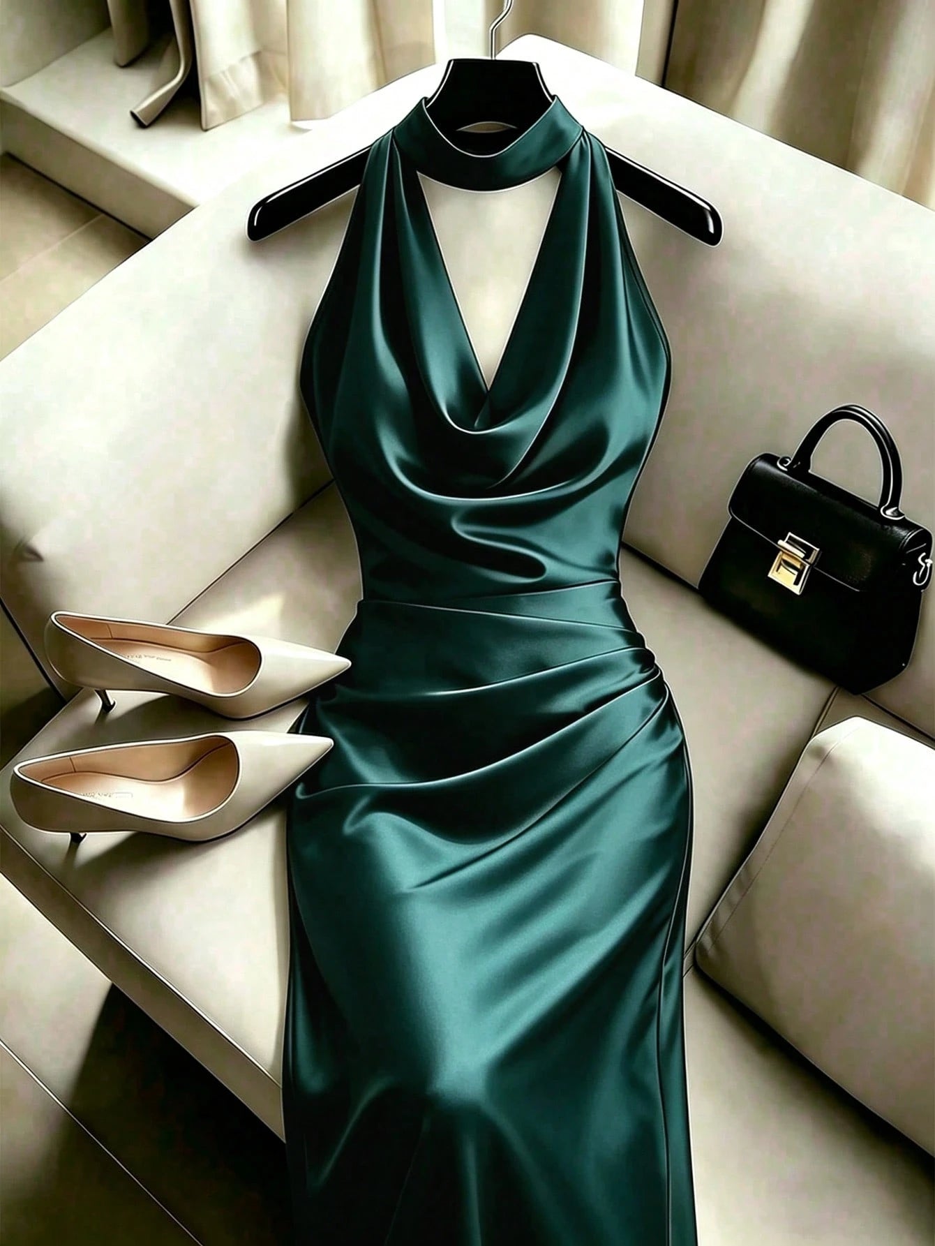 Franclia Summer Elegant Solid Color Halter Neck Waist-Cinched Mermaid Hem Dress