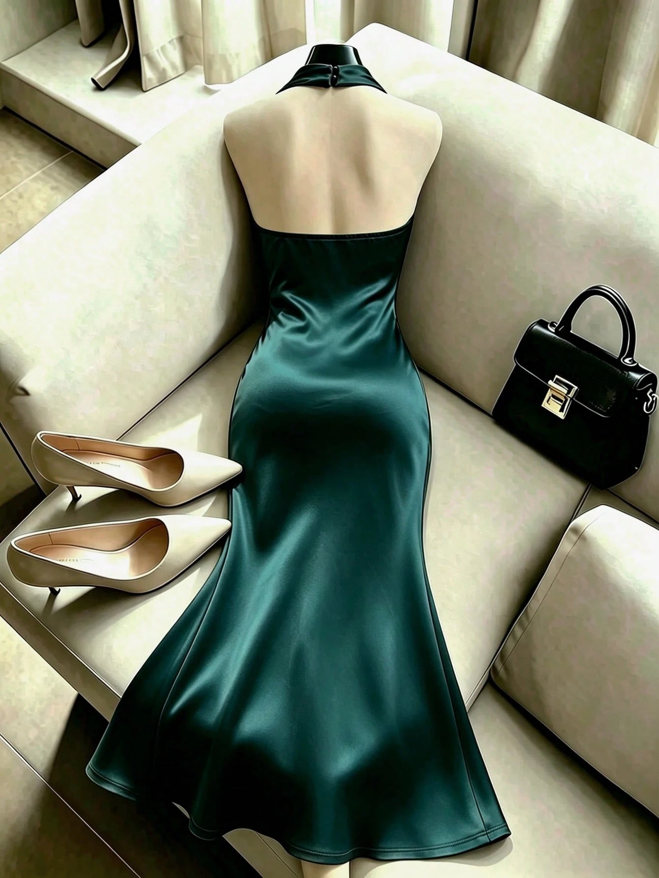 Franclia Summer Elegant Solid Color Halter Neck Waist-Cinched Mermaid Hem Dress