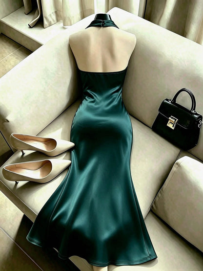Franclia Summer Elegant Solid Color Halter Neck Waist-Cinched Mermaid Hem Dress