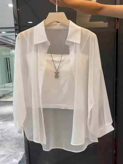Franclia Transparent Plain Lapel Minimalist Shirt Clothes For University Fall Cloth For Women