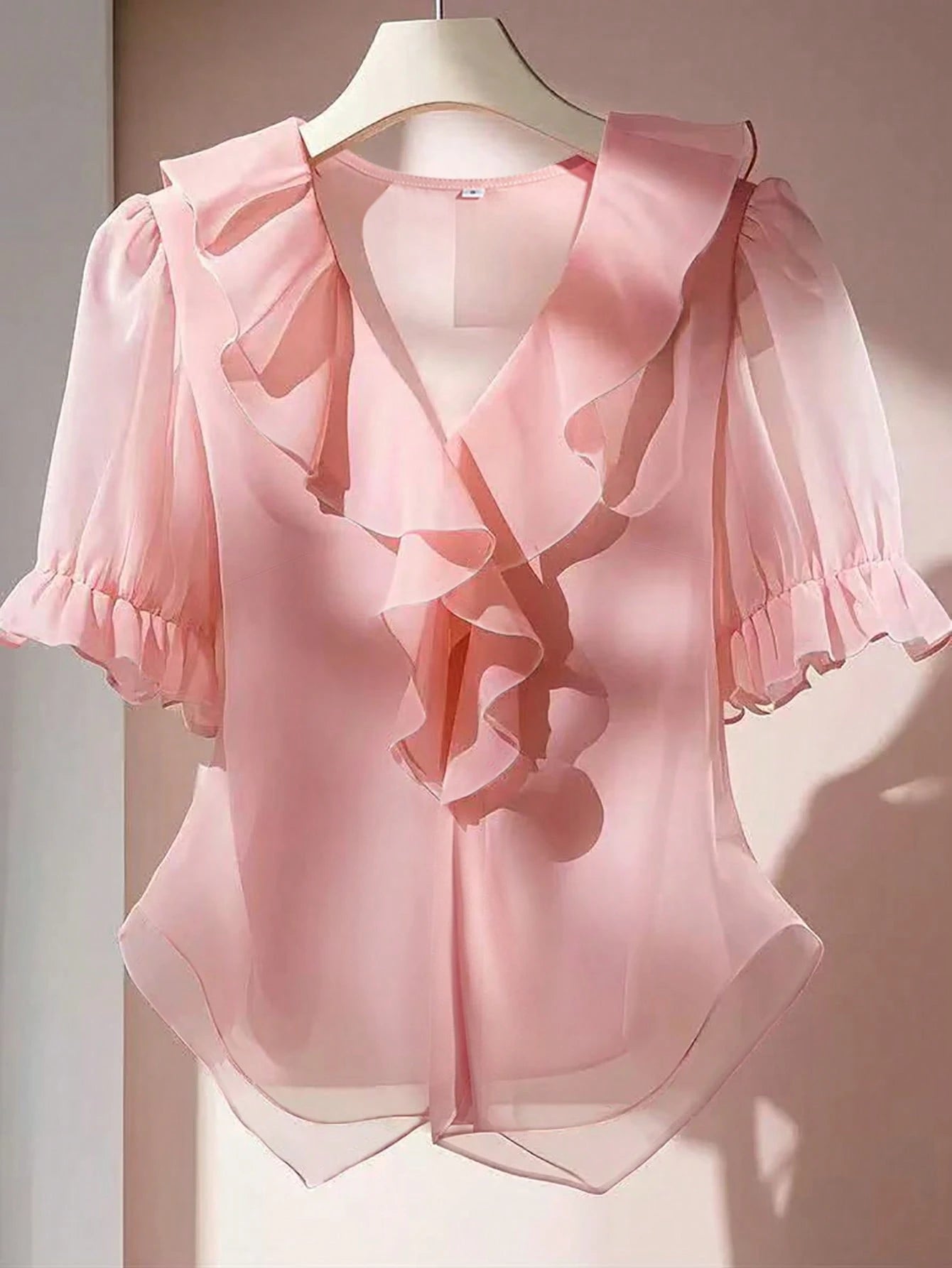 Franclia V-Neck Ruffle Puff Sleeve Casual Blouse
