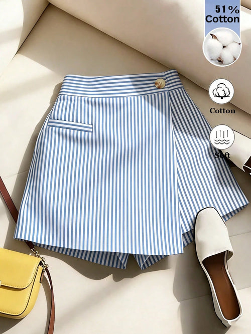 Franclia Women's Blue And White Stripe Asymmetric Hem Skort,Chic Summer Brunch Outfits,High-Waisted Cotton-Blend A-Line Shorts Skirt