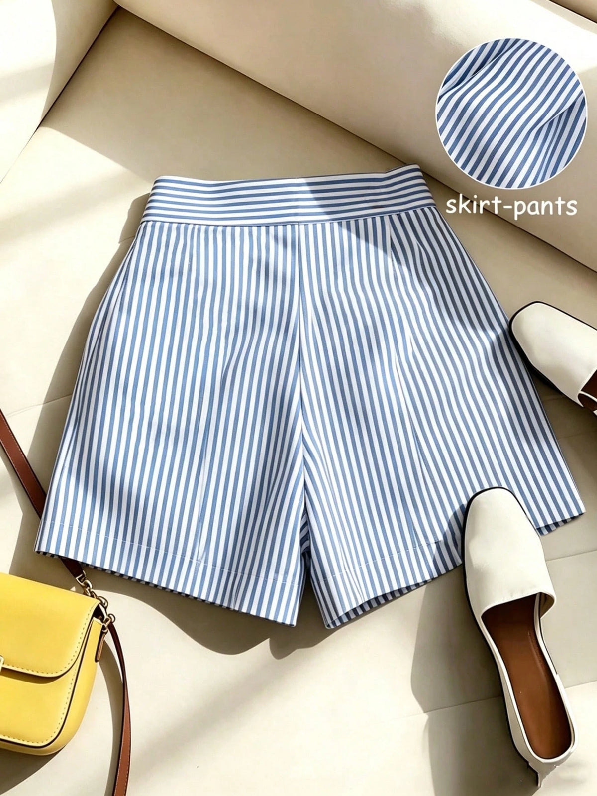 Franclia Women's Blue And White Stripe Asymmetric Hem Skort,Chic Summer Brunch Outfits,High-Waisted Cotton-Blend A-Line Shorts Skirt
