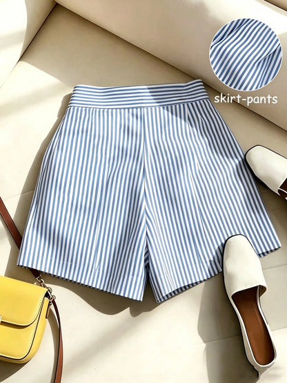 Franclia Women's Blue And White Stripe Asymmetric Hem Skort,Chic Summer Brunch Outfits,High-Waisted Cotton-Blend A-Line Shorts Skirt